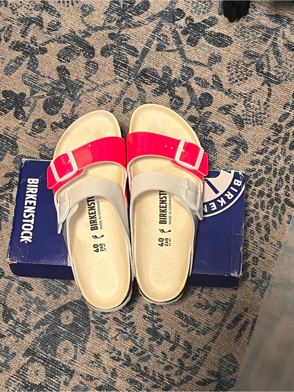 Birkenstock Women’s Pink and White Two-Strap Arizona Sandals